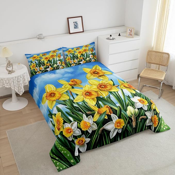 Erosebridal Rustic Flowers Bedding Set for Girls Women,Blossom Daffodil Floral Bedding Comforter Sets Full Country Farmhouse Comforter Set,Pastoral Green Leaf Quilt Duvet Spring Home Decor