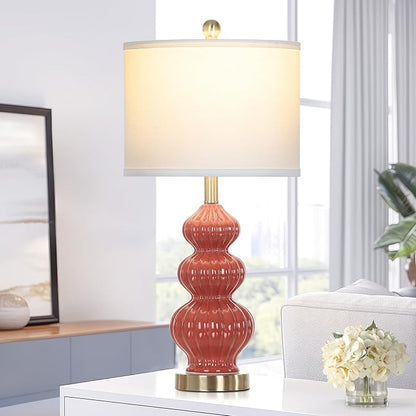 26" Triple Gourd Ceramic Table Lamps Set of 2,Modern Orange Bedside Lamps USB A+C Ports & AC Outlet -Ceramic Nightstand Lamps for Bedroom, 3 Way Touch Control Contemporary Living Room End Tables