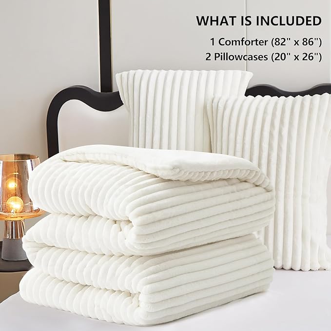 CozyLux Fluffy Full Size Comforter Sets - Super Soft Faux Fur Cream White Comforter Full Size, Winter Warm Fleece Bedding Set, 3 Pieces Plush Fuzzy Bed Set (1 Shaggy Comforter, 2 Pillowcases)