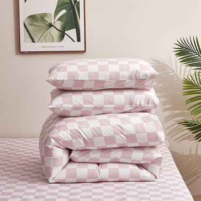 Houseri White Pink Plaid Comforter Set King Light Pink Checkerboard Bedding Comforter Sets Women Elegant Baby Pink Buffalo Checkered Bed Quilt Blanket Comfy Pale Pink Grid Gingham Comforter King Size