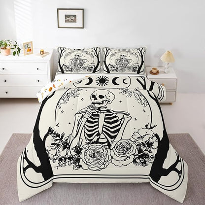 Erosebridal Halloween Gothic Skull Comforter Set Twin, Goth Skeleton Bedding Set for Kids Teens Youth Women Men Vintage Halloween Decor, Gothic Floral Comforter, Sun and Moon Quilt