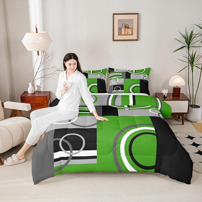 Green Black Grey Bedding Sets Twin Swirls Plaid Comforter Bedroom Decor Geometric Circle Striped Duvet Insert Modern Creative Quilt Abstract Fashion Color Bedding Comforter Sets All Season