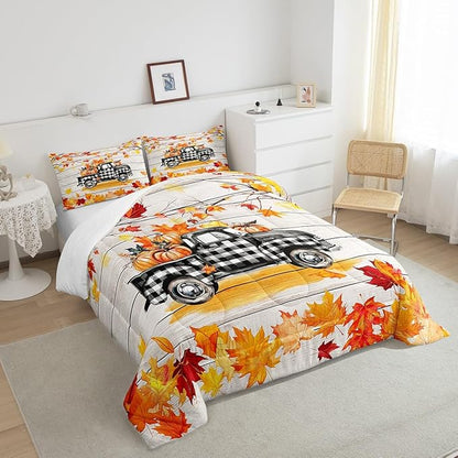 Fall Plaid Pumpkin Truck Bedding Set For Home Full,Rustic Farmhouse Barn Door Comforter Set Autumn Harvest Thanksgiving Comforter Gifts For Kids,Red Gold Watercolor Maple Leaf Retro Quilt Duvet 3 Pcs