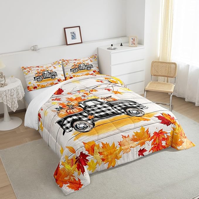 Fall Plaid Pumpkin Truck Bedding Set For Home Twin,Rustic Farmhouse Barn Door Comforter Set Autumn Harvest Thanksgiving Comforter Gifts For Kids,Red Gold Watercolor Maple Leaf Retro Quilt Duvet 2 Pcs