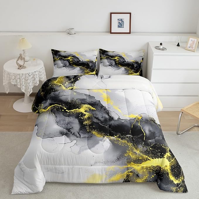 Erosebridal Yellow Black Marble Twin Comforter Set 7-Piece Watercolor Marbling Bedding Comforter Sets, Stone Pattern Bed in a Bag Modern Abstract Art Bedding Set, Retro Ink Painting Bed Sheets Set