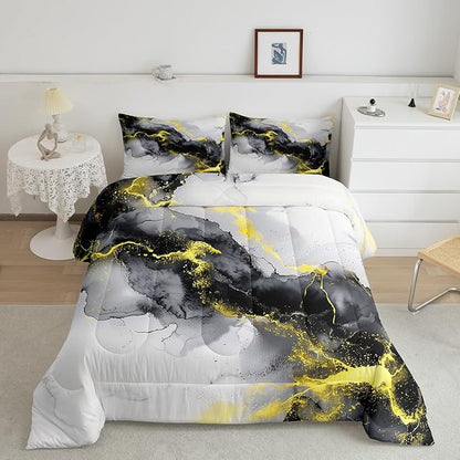 Erosebridal Yellow Black Marble Twin Comforter Set 7-Piece Watercolor Marbling Bedding Comforter Sets, Stone Pattern Bed in a Bag Modern Abstract Art Bedding Set, Retro Ink Painting Bed Sheets Set