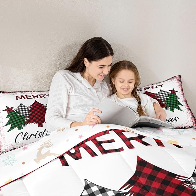Christmas Plaid Tree Comforter Set Full Size,Red Green Black Grid Bedding Set for Kids Girls Teens Women Winter Room Decor,Fantasy Snowflake Quilt Vintage Chic Duvet Insert,2 Pillowcases