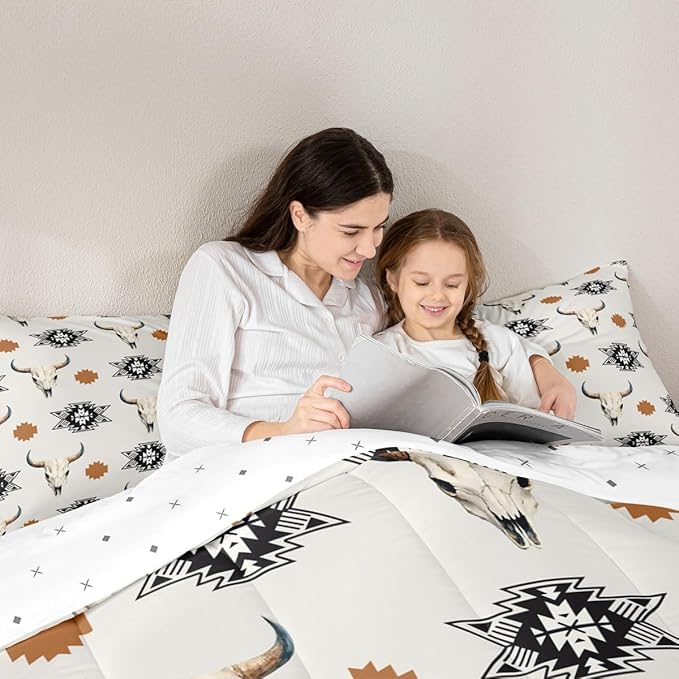 Feelyou Khaki Bull Skull Comforter Set Toddler Size Kids Western Aztec Duvet Quilt for Boys Girls Teens Southwestern Bohemian Boho Wild Cowboy Tribal Rustic Bedding Set Room Decor 2Pcs