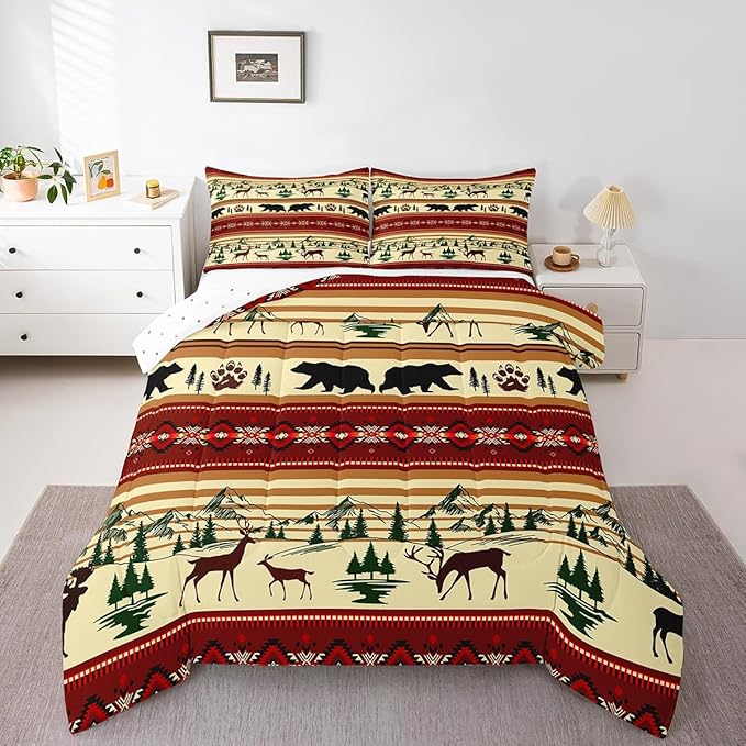 Feelyou Bohemian Deer Bedding Sets Twin Bear Wildlife Hunting Theme Comforter Cabin Decor Boho Western Duvet Insert for Adult Women Men Retro Boho Wildlife Down Comforter Geometric Quilt 2Pcs