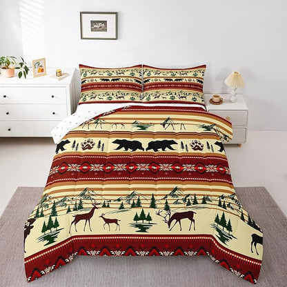 Feelyou Bohemian Deer Bedding Sets Queen Bear Wildlife Hunting Theme Comforter Cabin Decor Boho Western Duvet Insert for Adult Women Men Retro Boho Wildlife Down Comforter Geometric Quilt 3Pcs