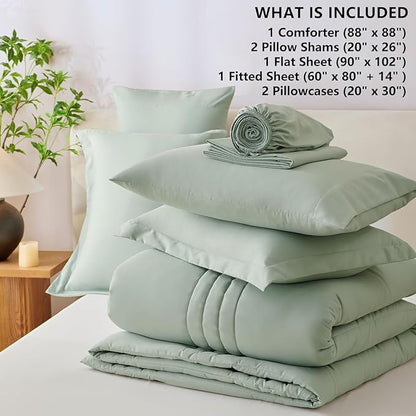 CozyLux Queen Size Comforter Sets - 7 Piece Bed in a Bag Sage Green Comforter Set with Sheets Queen Bed Set All Seasons, Bedding Set with Down Alternative Comforter, Sheets, Pillowcases & Shams