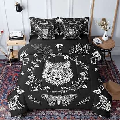 Castle Fairy Wild Wolf Bedding Set 7 Pieces King,Gothic Moth Animals Skeleton Comforter Sets for Girl Boy Bedroom,Weed Floral Black White 7pcs Bed in a Bag with Comforter,Sheets and Pillow Cases