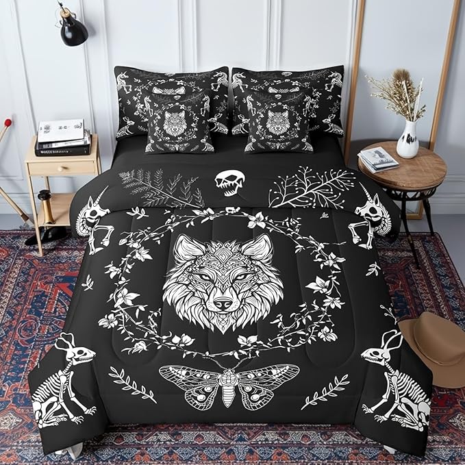Wild Wolf Comforter Set in a Bag 7 Pieces,Gothic Moth Animals Skeleton Bed Set Twin,Weed Floral Black White Bedding Sets,(1 Comforter,2 Pillowcase,2 Pillow Covers,1 Flat Sheet,1 Fitted Sheet)