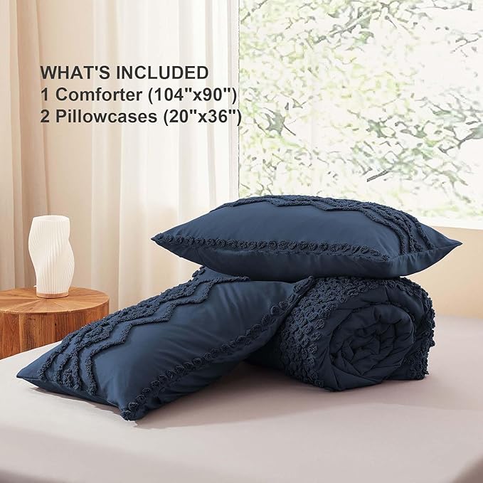 Luxudecor Navy Blue Boho Tufted Comforter Set King Size 3 Pieces Boho Shabby Chic Comforter Farmhouse Embroidery Bedding Set Soft Comforter for All Seasons (Navy Blue, 104''x90'')