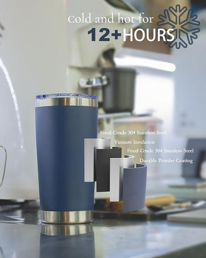 Travel Coffee Tumbler 20oz, 8 Pack Leakproof Travel Coffee Mug with Lid and Straw, Stainless Steel Double Wall Vacuum Insulated Tumbler for Hot/Iced Drinks (Textured Matte, Navy Blue)