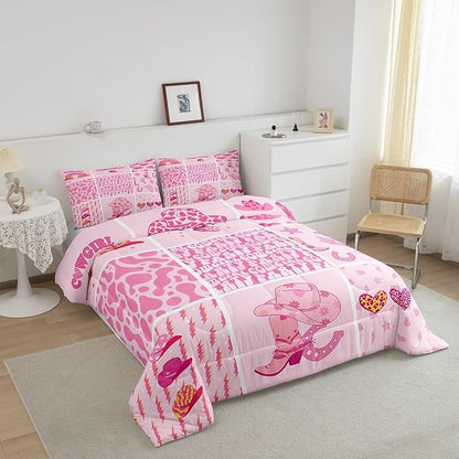 Feelyou Pink Western Decor Comforter Queen Size Wild West Cowgirl Comforter Set for Boys Girls Children Cowgirl Boots Hats Horseshoes Bedding Set Room Decor Patchwork Grid Duvet Set 3Pcs
