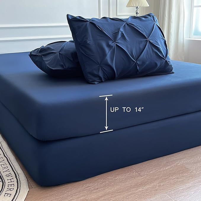Maple&Stone Full Size Comforter Sets, 7 Pieces Bedding Sets Full, Pintuck Bed in a Bag Bed Set with Comforter, Sheets, Pillowcases & Shams - Navy