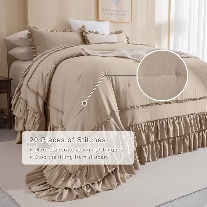 QSH 3PCs Light Taupe Oversized King Comforter Set 120x120,Shabby Vintage Chic Ruffled Bedding Comforter Extra Large Farmhouse French Country Rustic Comforter Microfiber Soft Lightweight Bedding