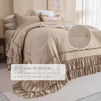 QSH 3PCs Light Taupe Oversized King Comforter Set 120x120,Shabby Vintage Chic Ruffled Bedding Comforter Extra Large Farmhouse French Country Rustic Comforter Microfiber Soft Lightweight Bedding