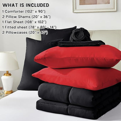 Anluoer King Size Comforter Set 7 Pieces, Reversible Bed in a Bag King Size,Lightweight Bedding Set with 1 Comforter(102*90") , 2 Pillow Shams, 2 Pillowcases, 1 Flat Sheet , 1 Fitted Sheet,Red & Black