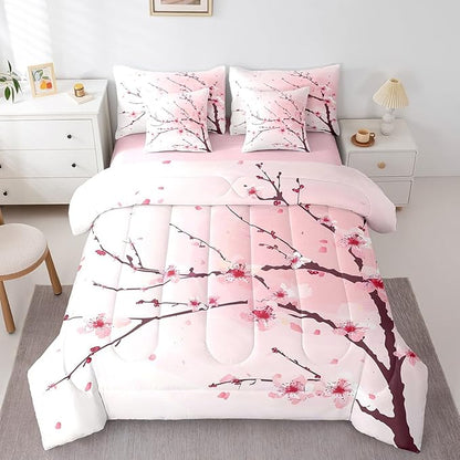 Feelyou Cherry Blossom Comforter Set King Size 7 Pcs Girls Sakura Floral Comforter Bed in a Bag Japanese Style Flower Bedding Set for Women Pink White Bed Set with Sheets, Pillowcases, Pillow Covers