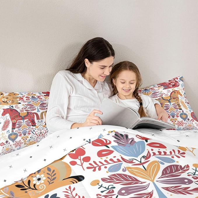 Bohemian Horse Comforter Set Queen Size,Floral Bird Squirrel Bedding Sets 3Pcs Kids Girls Boys Women Room Decor,Christmas Bells Snowflake Quilted Duvet Scandinavian Art Down Comforter,2 Pillowcases