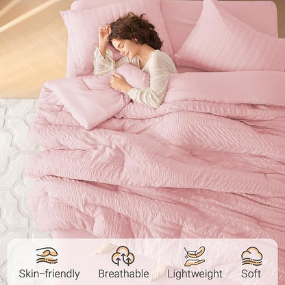 MUXHOMO 5 Pieces Twin Comforter Set, Seersucker Bed in a Bag Twin Size, All Season Luxury Bedding Set with Comforter, Flat Sheet, Fitted Sheet, Pillowcase & Sham, Pink