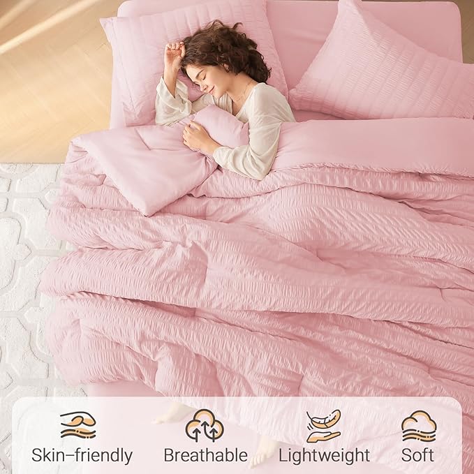 MUXHOMO 7 Pieces Full Comforter Set, Seersucker Bed in a Bag Full Size, All Season Luxury Bedding Set with Comforter, Flat Sheet, Fitted Sheet, Pillowcases & Shams, Pink