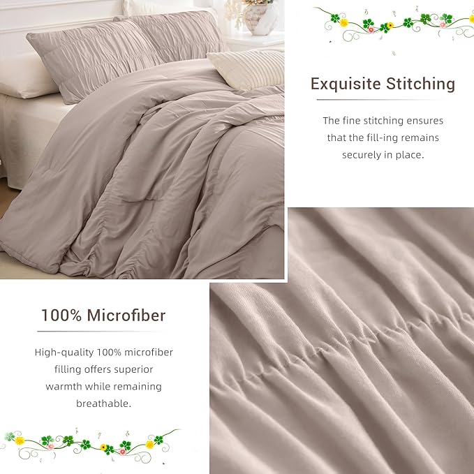 Lady Ann King Bed Comforter Set Camel Ruched King Boho Bedding Comforter Set 104x90 for Bedroom Ultra Soft & Luxurious 3 Piece Fluffy Bed Sets