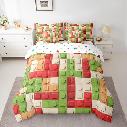 Feelyou Building Block Print 7 Piece Bedding Set Queen Size Kids Brick Styles Comforter Set with Sheets for Boys Teens Colorful Gaming Bed in a Bag Green Red Yellow Room Decor