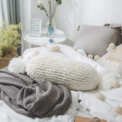 vctops Chunky Knit Candy Shaped Throw Pillows with Insert Super Soft Cozy Decorative Handmade Cushions (White, 12"x20")
