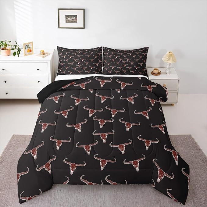 Erosebridal Bull Skull Comforter Set Toddler Ethnic Bohemian Bedding for Men Boys | Tribal Steer Skull Wildlife Aztec Bedroom Decor Farmhouse Cabin Lodge Duvet Insert with 1 Pillow Case,Black Red