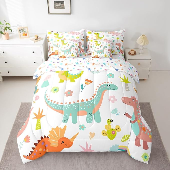 jejeloiu Kids Cartoon Dinosaur 7 Piece Bedding Set King Size Cute Dinosaur Comforter Set with Sheets for Boys Girls Teens Cute Flower Bed in a Bag Animal Bed Set