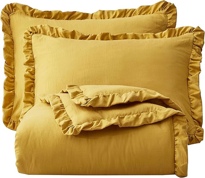 Chezmoi Collection Nora Mustard Yellow Comforter Set Queen Size 3-Piece Lightweight Fluffy Soft Lightweight Bedding Ruffled Edge Trim Stone-Washed Microfiber Comforter Set for All Season
