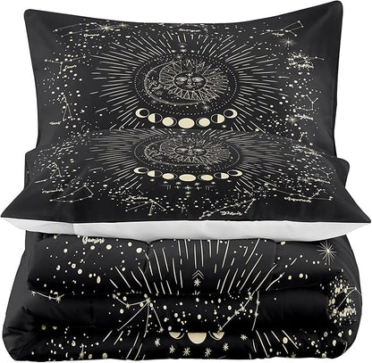 Tailor Shop Sun and Moon Bedding Set Full for Girls Boys Kids Teens Bedroom Decor, 3D Print Boho Exotic Black Gray Comforter Set Full Bedding with 2 Matching Pillowcases