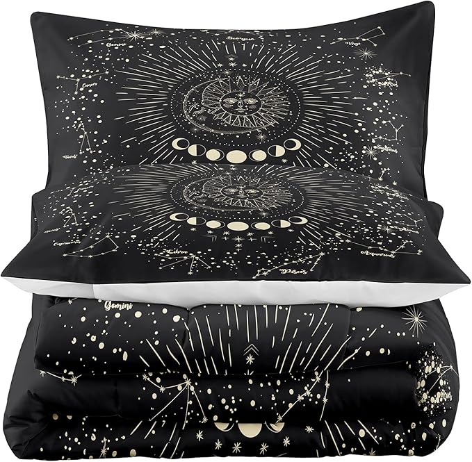 Tailor Shop Sun and Moon Bedding Set Twin for Girls Boys Kids Teens Bedroom Decor, 3D Print Boho Exotic Black Gray Comforter Set Twin Bedding with 1 Matching Pillowcase