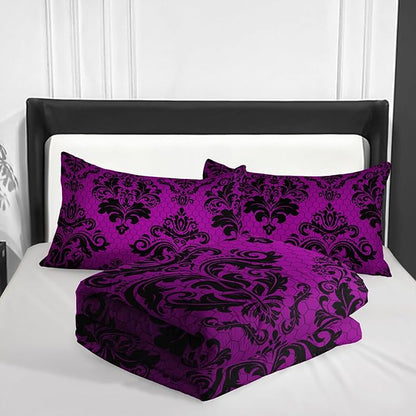 Violet Gothic Floral Print Comforter Set Full Size,Vintage Damask Floral Bedding Set,Bohemian Exotic Printed Quilted Set for Teens Adult,with 1 Comforter and 2 Pillow Case