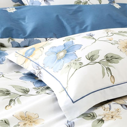 Cotton Comforter Queen Size Set – White Blue Floral Cotton Shell Bedding, Soft & Breathable, All-Season Down-Alternative Fill, Includes 1 Comforter & 1 Pillow Sham