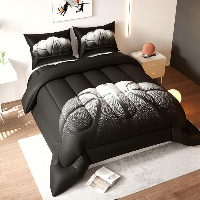 Basketball Comforter Set, Black Pattern for Kids Teens Adults,Decorative Bedding Comforter Sets with 2 Pillow Shams, Twin Size