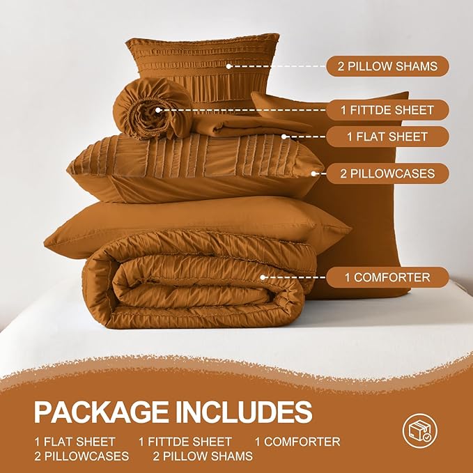 Burnt Orange Tufted Textured Comforter Set King Size, 7 Piece Bed in a Bag，Shabby Chic Boho Bedding for Bedroom Comforter，All Season Soft Microfiber Ruffle Comforter Set with Pillow and Sheets