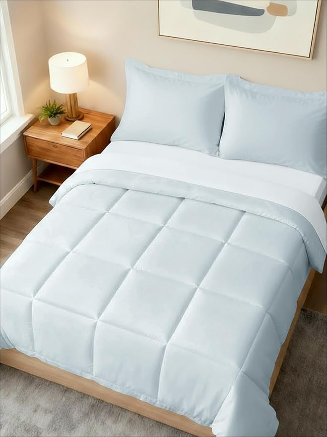 King Comforter Set - 3 Piece Bed Set for All Seasons - 1 Soft Quilted Comforter w/ Corner Tabs & 2 Pillow Shams - Comfy, Cozy & Breathable - Premium Down Duvet Insert - Oeko-TEX - King Size, Ice Blue