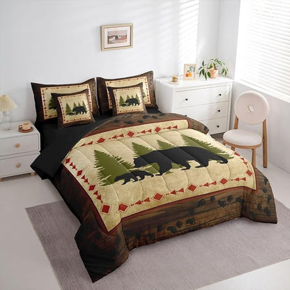 Erosebridal Bear 7 Piece Comforter Set Queen Bed in A Bag Rustic Farmhouse Wildlife Comforter Wild Animals Bedding Set Country Cabin Lodge Decor Nature Woodland Bear Paw Print Sheet Set Brown Green