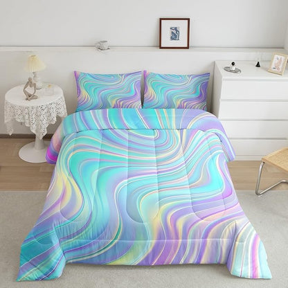Pastel Rainbow Comforter Set with Pillowcases Abstract Wave Stripes 3D Printed Designs 3 Piece Bedroom Duvet Set Psychedelic Girl Bed Down Comforter for Kids Women Dorm Room (King,Coulourful Marble)