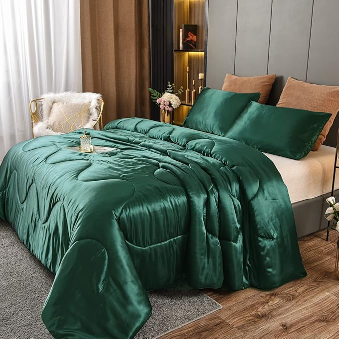 NTBED Silky Satin Comforter Set Queen Dark Green, Soft Lightweight Microfiber Luxury Sexy Quilted Bedding Sets with 2 Matching Pillow Covers for Summer Spring Autumn
