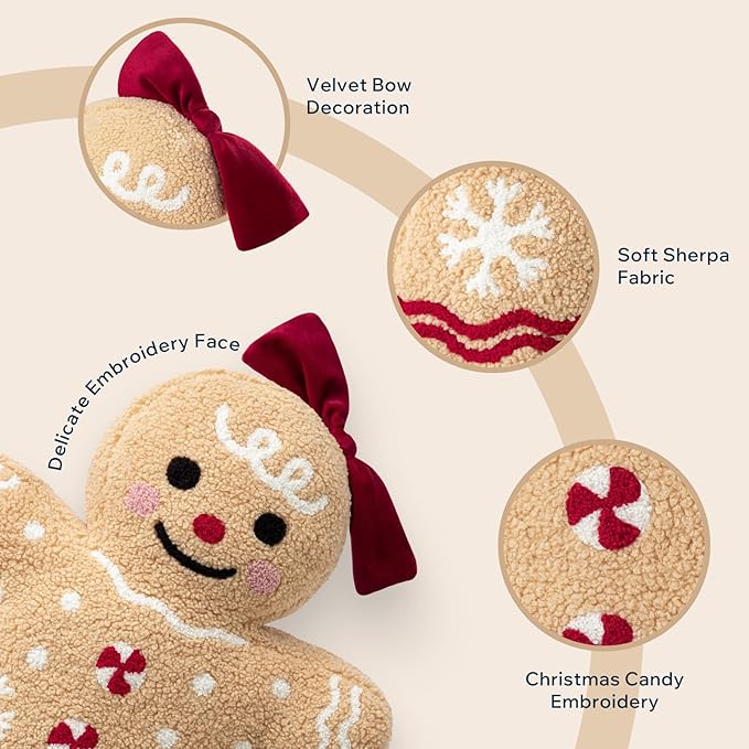 Phantoscope Gingerbread Series Merry Christmas Throw Pillow, Plush Teddy Sherpa Xmas Gingerbread Girl Shaped Christmas Decorative Pillow with Bow for Couch Living, Bedroom, Beige, 13x18 inches