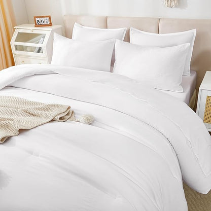 Litanika Comforter Queen Size Set White - 7 Pieces Bed in a Bag Queen Bedding Comforter Sets, Plain Lightweight Bed Set with Comforter, Sheets, Pillowcases & Shams