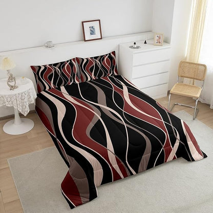 Erosebridal Geometric Comforter Set Queen Modern Bedding Set, Abstract Artwork Bedding Comforter Sets Striped Duvet, Black Red Pink Brown Quilted Comforter 3 Pieces with 2 Pillowcases