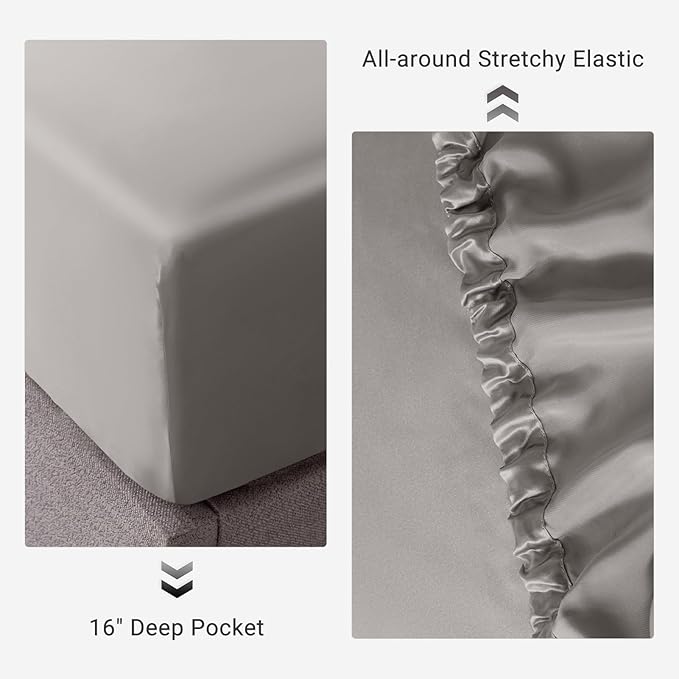 THXSILK 100% Mulberry Silk Fitted Sheet Set, 7A+ Silk 3 Pieces Bed Sheets, Breathable, Smooth, 16 Inch Deep Pocket Fitted Sheet, 2 Pillowcases - Grey, King