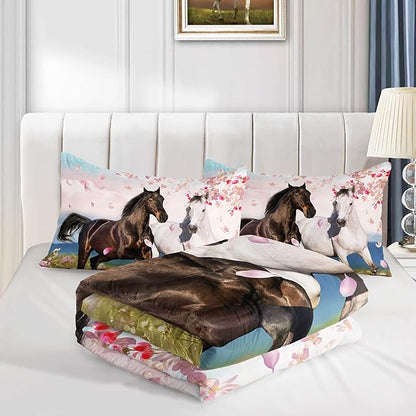 HOSIMA Horse Bedding for Girls, Spring Farm Animals Pink Cherry Blossom Pattern Twin Size Comforter Set with 2 Pillowcases, Western Bedding Set Theme