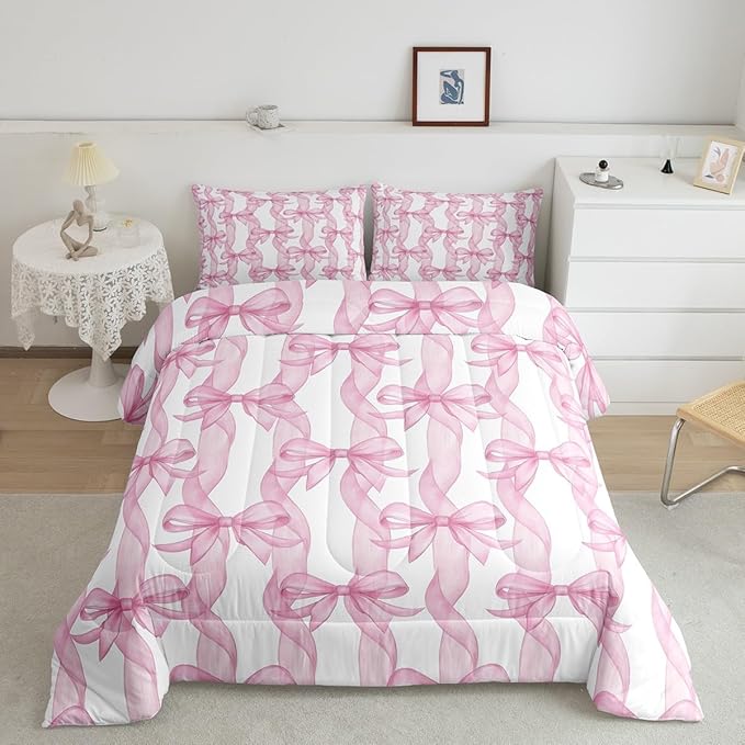Girls Pink Bow Comforter Set King Size,Sweet Bow Ribbon Print Bedding Sets 3Pcs,Princess Style Girly Quilted Duvet for Kids Teens Woman Youth Room Decor,Bowkont Lines Down Comforter,2 Pillowcases